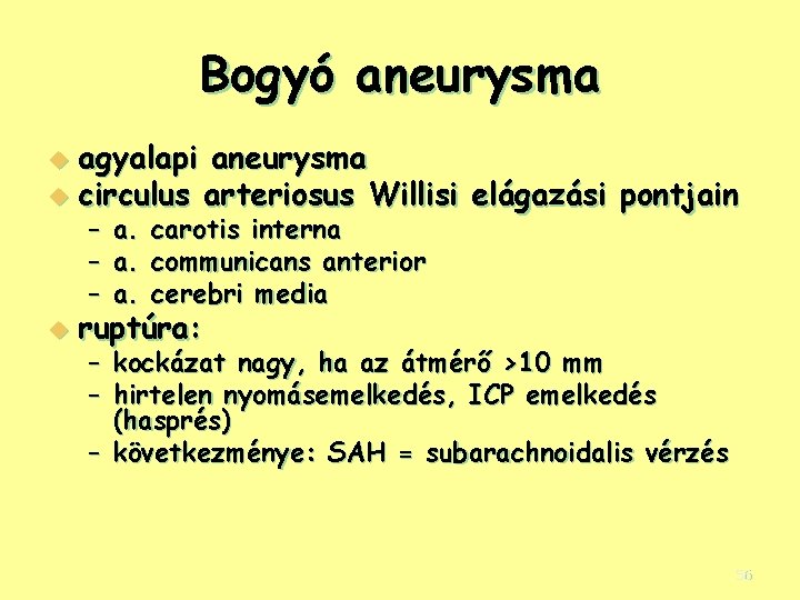 Bogyó aneurysma agyalapi aneurysma u circulus arteriosus Willisi elágazási pontjain u – – –