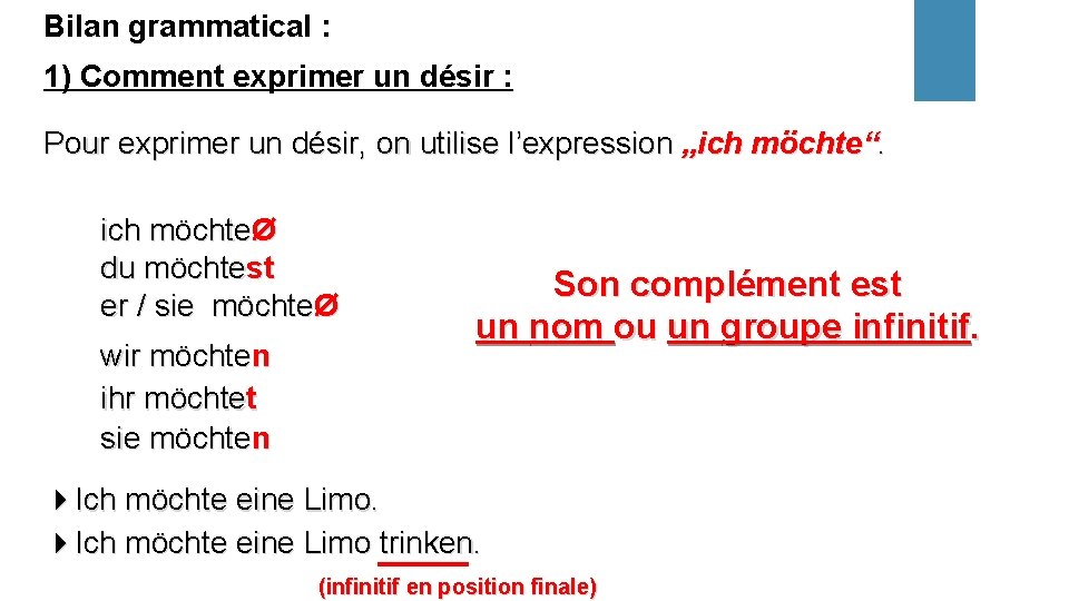 Bilan grammatical : 1) Comment exprimer un désir : Pour exprimer un désir, on