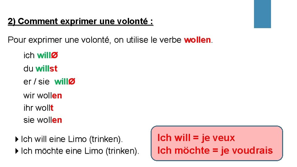 2) Comment exprimer une volonté : Pour exprimer une volonté, on utilise le verbe