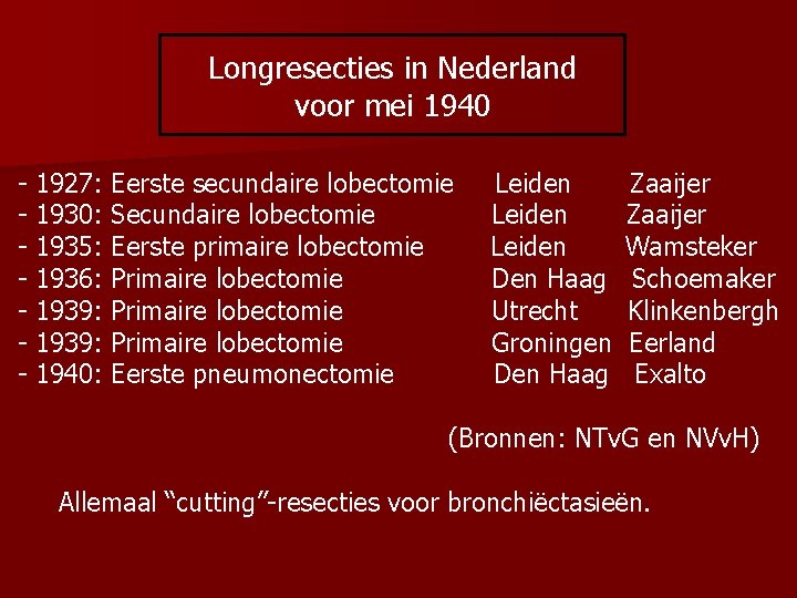 Longresecties in Nederland voor mei 1940 - 1927: Eerste secundaire lobectomie - 1930: Secundaire