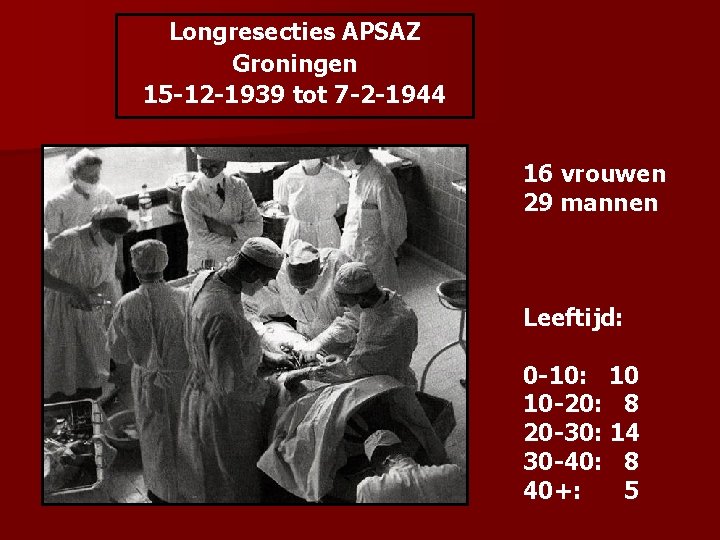 Longresecties APSAZ Groningen 15 -12 -1939 tot 7 -2 -1944 16 vrouwen 29 mannen