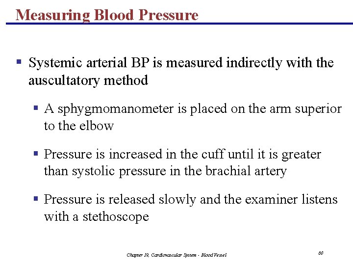Measuring Blood Pressure § Systemic arterial BP is measured indirectly with the auscultatory method