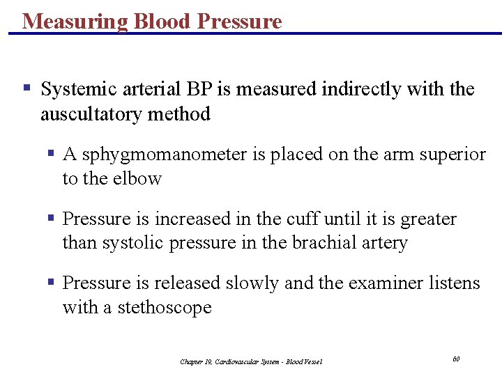 Measuring Blood Pressure § Systemic arterial BP is measured indirectly with the auscultatory method Measuring Blood Pressure § Systemic arterial BP is measured indirectly with the auscultatory method