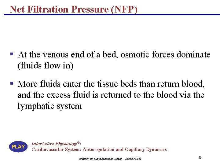 Net Filtration Pressure (NFP) § At the venous end of a bed, osmotic forces