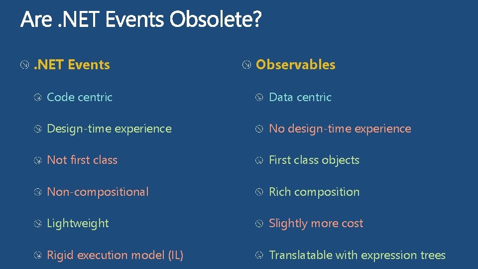 . NET Events Observables Code centric Data centric Design-time experience No design-time experience Not