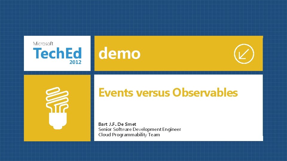 demo Events versus Observables Bart J. F. De Smet Senior Software Development Engineer Cloud