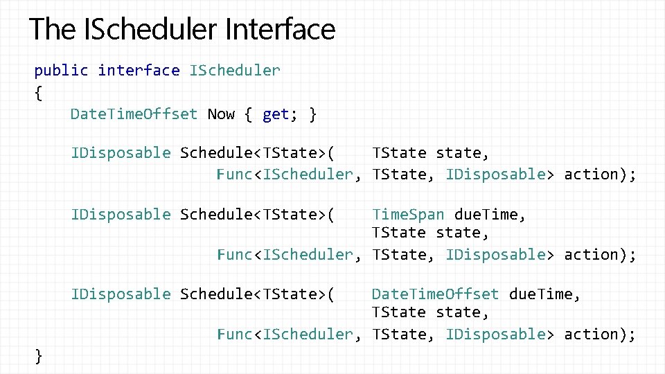 The IScheduler Interface public interface IScheduler { Date. Time. Offset Now { get; }