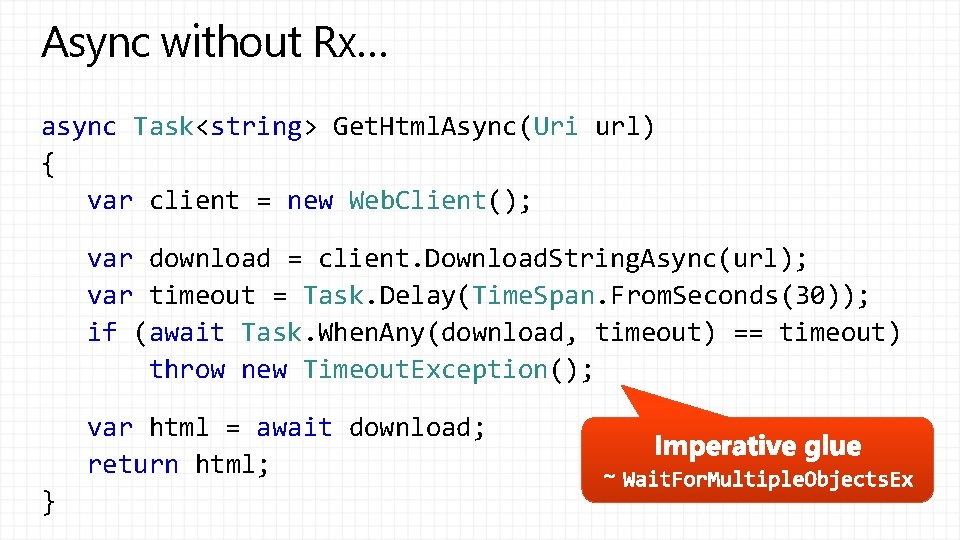 Async without Rx… async Task<string> Get. Html. Async(Uri url) { var client = new