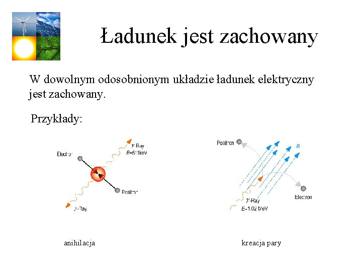 Ładunek jest zachowany W dowolnym odosobnionym układzie ładunek elektryczny jest zachowany. Przykłady: anihilacja kreacja