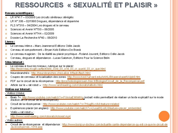 RESSOURCES « SEXUALITÉ ET PLAISIR » Revues scientifiques : LR N° 417 – 03/2008