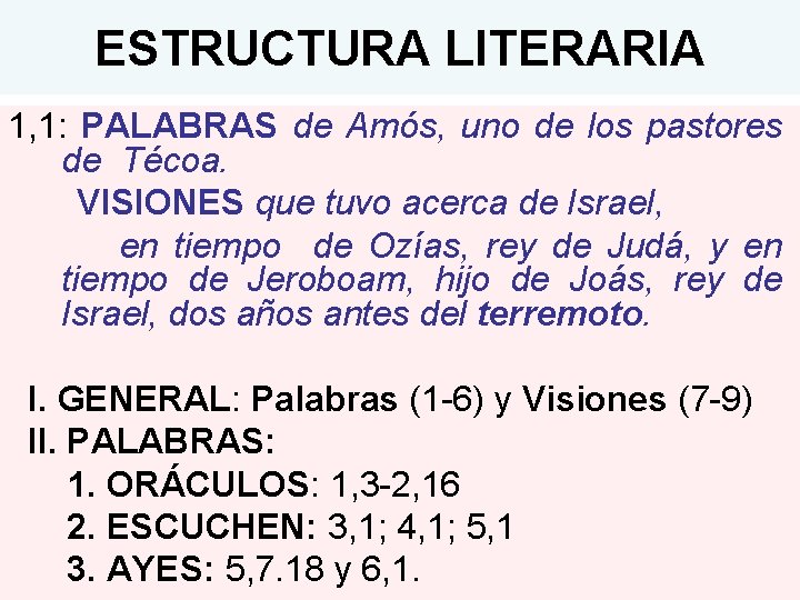 ESTRUCTURA LITERARIA 1, 1: PALABRAS de Amós, uno de los pastores de Técoa. VISIONES