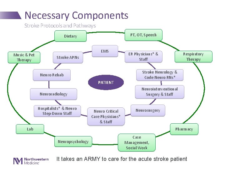 Necessary Components Stroke Protocols and Pathways PT, OT, Speech Dietary Music & Pet Therapy