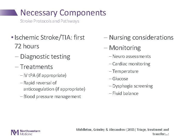 Necessary Components Stroke Protocols and Pathways • Ischemic Stroke/TIA: first 72 hours - Diagnostic