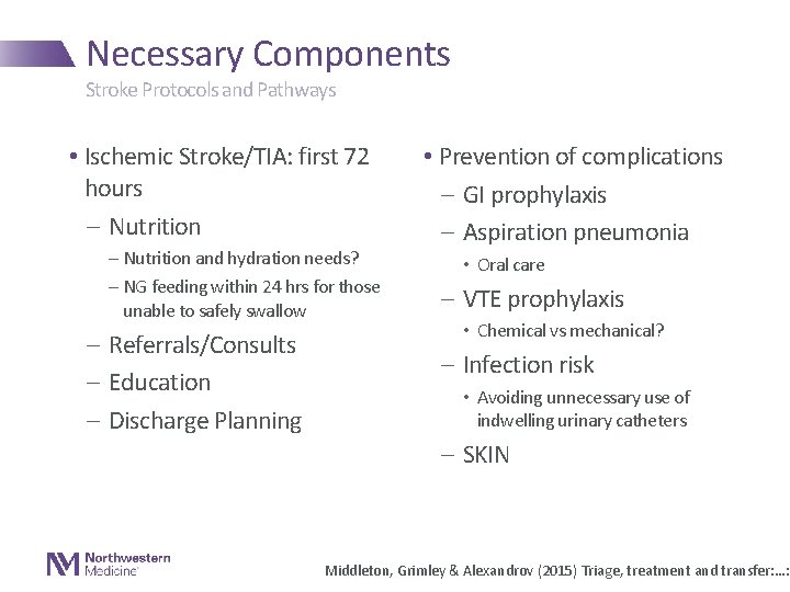 Necessary Components Stroke Protocols and Pathways • Ischemic Stroke/TIA: first 72 hours - Nutrition