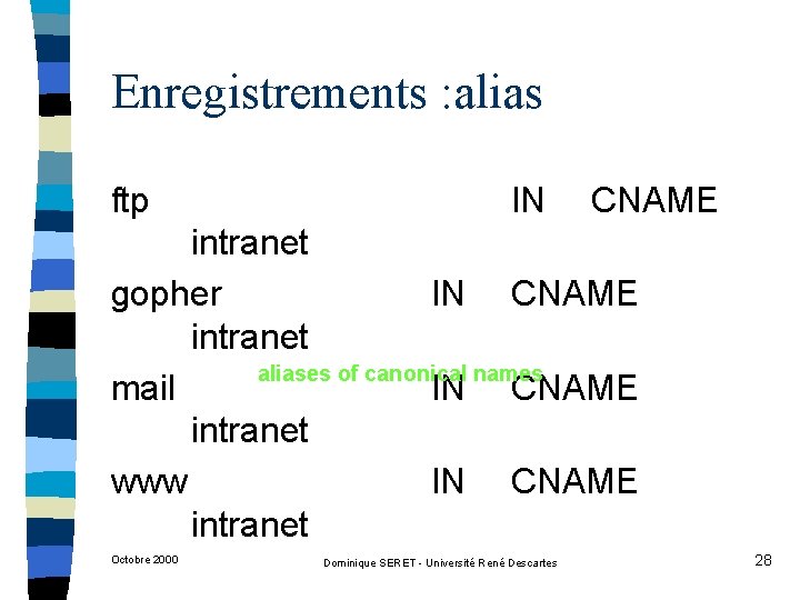 Enregistrements : alias ftp IN CNAME intranet gopher IN CNAME intranet aliases of canonical