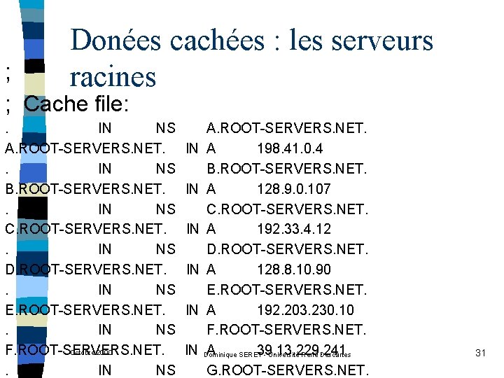 Donées cachées : les serveurs racines ; ; Cache file: . IN NS A.