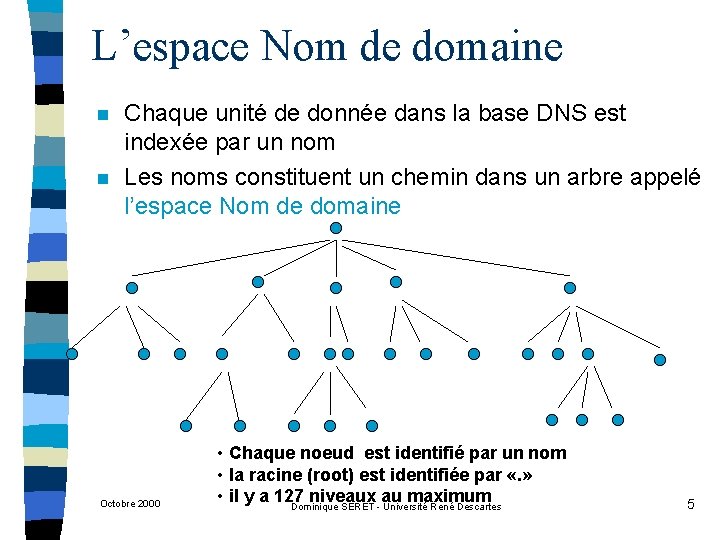 L’espace Nom de domaine n n Chaque unité de donnée dans la base DNS