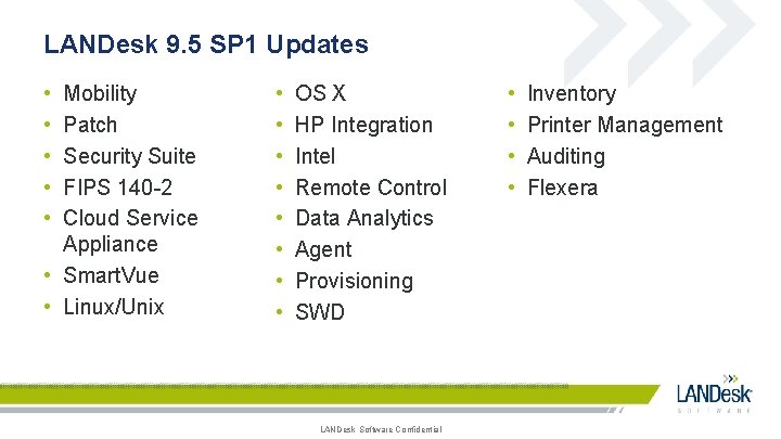 LANDesk 9. 5 SP 1 Updates • • • Mobility Patch Security Suite FIPS