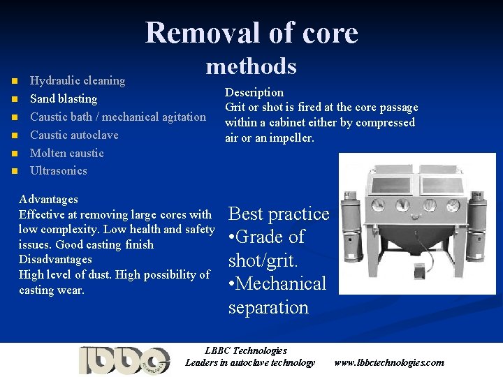 Removal of core n n n methods Hydraulic cleaning Sand blasting Caustic bath /