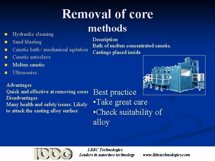 Removal of core n n n methods Hydraulic cleaning Description Sand blasting Bath of