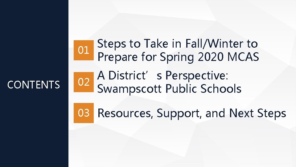Steps to Take in Fall/Winter to 01 Prepare for Spring 2020 MCAS CONTENTS A