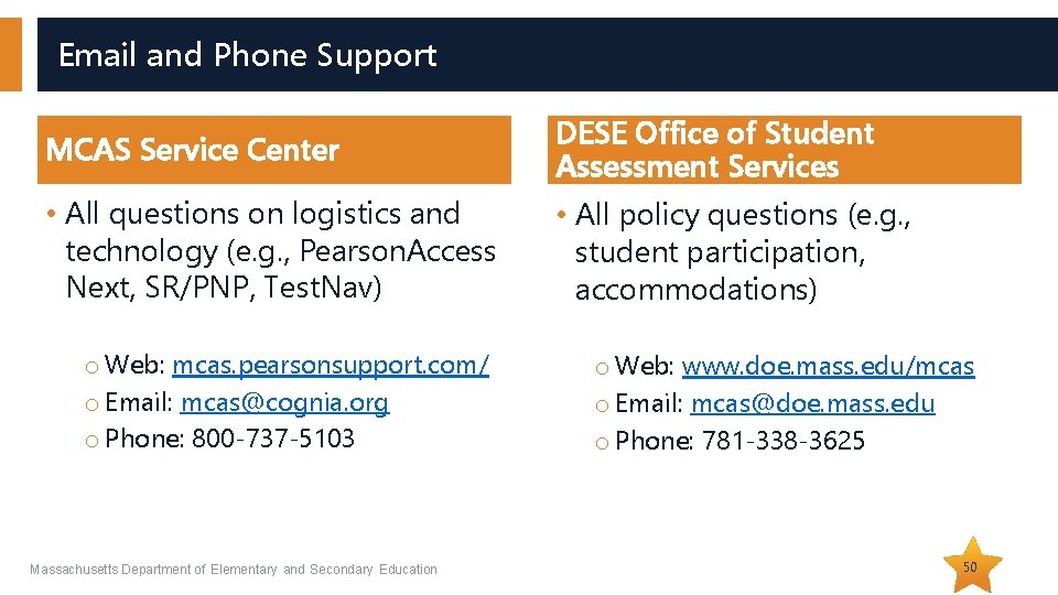 Email and Phone Support MCAS Service Center DESE Office of Student Assessment Services •