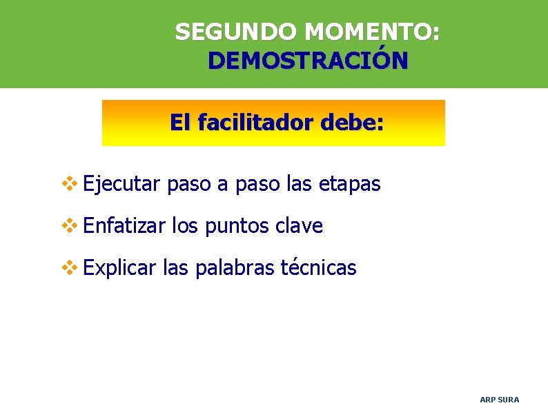 SEGUNDO MOMENTO: DEMOSTRACIÓN El facilitador debe: v Ejecutar paso a paso las etapas v