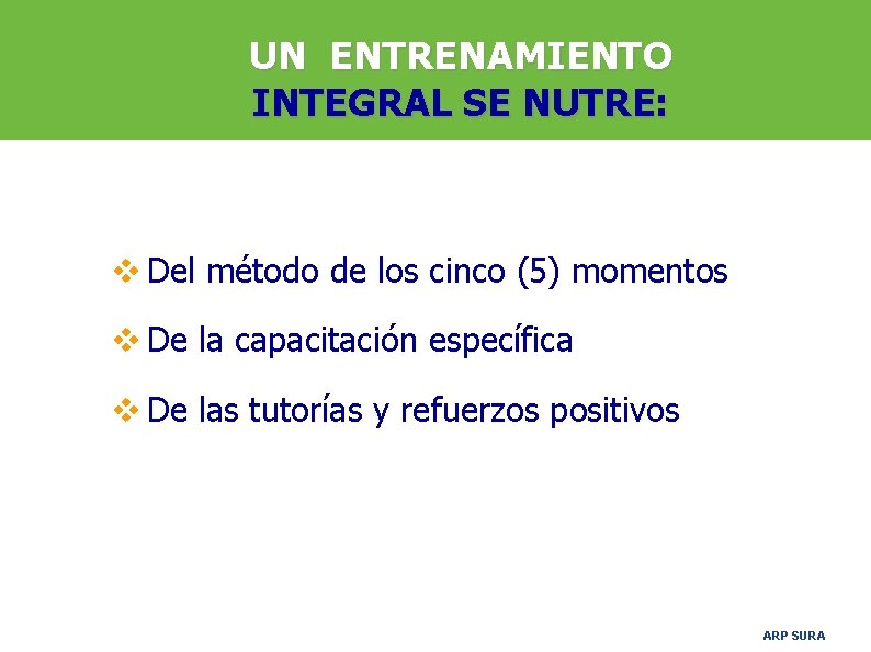 UN ENTRENAMIENTO INTEGRAL SE NUTRE: v Del método de los cinco (5) momentos v