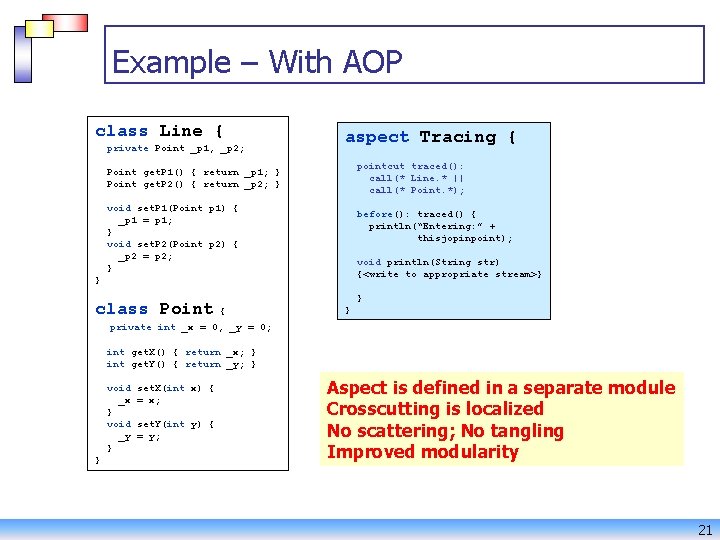 Example – With AOP class Line { private Point _p 1, _p 2; aspect