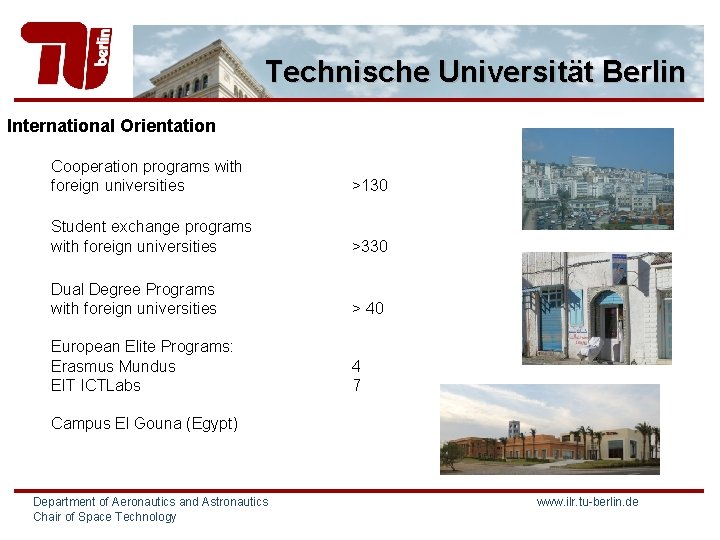 Technische Universität Berlin International Orientation Cooperation programs with foreign universities >130 Student exchange programs