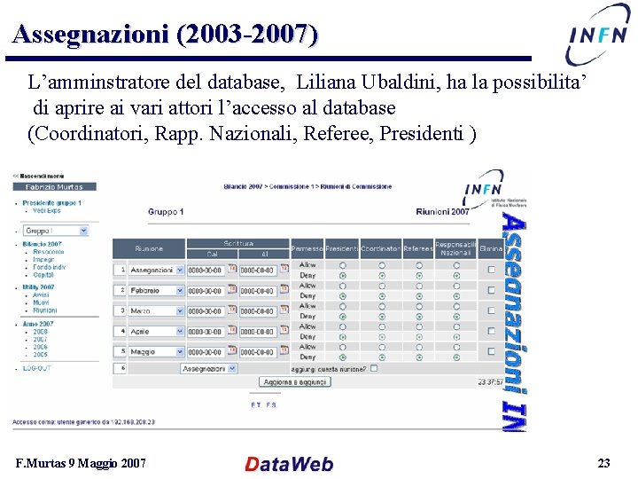 Assegnazioni (2003 -2007) L’amminstratore del database, Liliana Ubaldini, ha la possibilita’ di aprire ai