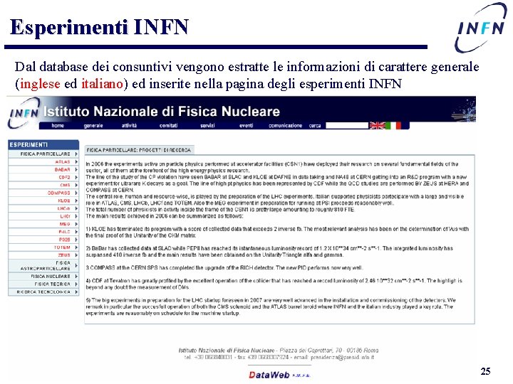 Esperimenti INFN Dal database dei consuntivi vengono estratte le informazioni di carattere generale (inglese