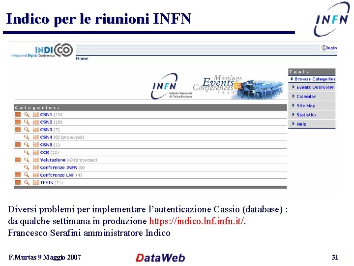 Indico per le riunioni INFN Diversi problemi per implementare l’autenticazione Cassio (database) : da