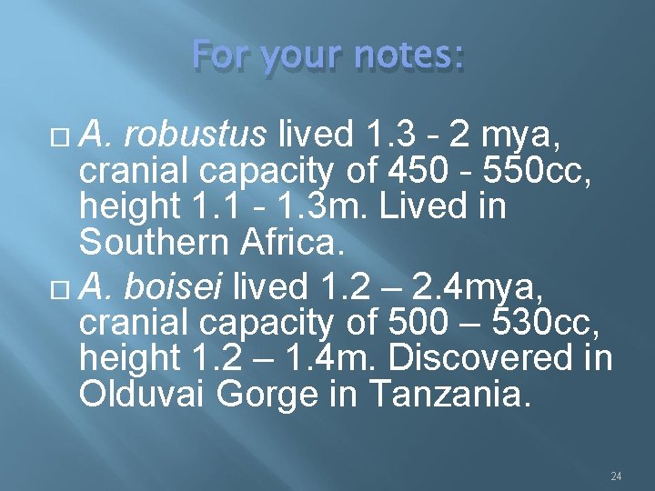 For your notes: A. robustus lived 1. 3 - 2 mya, cranial capacity of