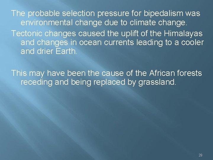 The probable selection pressure for bipedalism was environmental change due to climate change. Tectonic