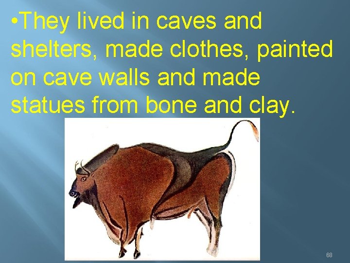  • They lived in caves and shelters, made clothes, painted on cave walls