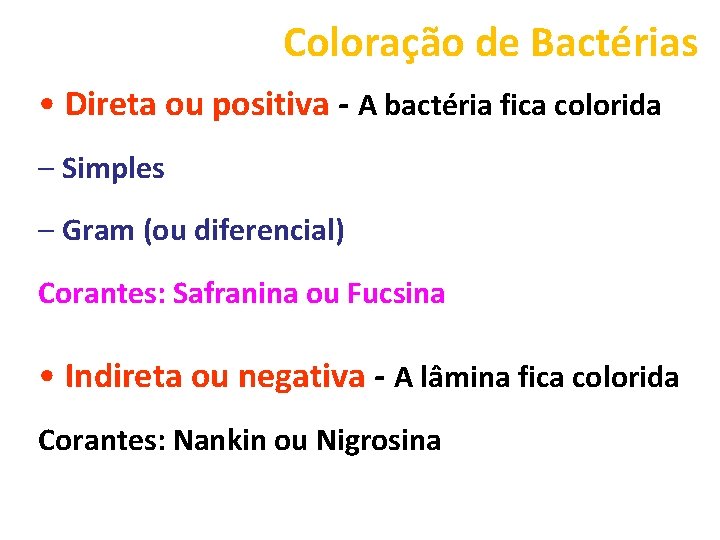 Coloração de Bactérias • Direta ou positiva - A bactéria fica colorida – Simples