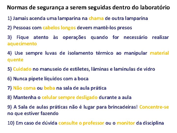 Normas de segurança a serem seguidas dentro do laboratório 1) Jamais acenda uma lamparina