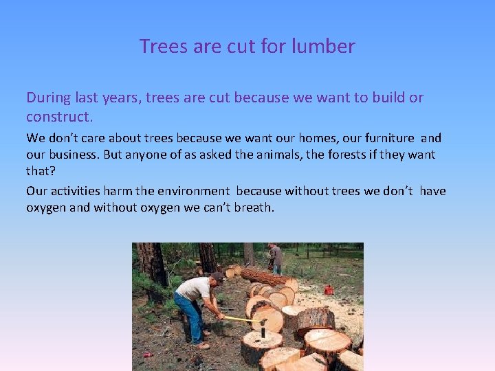Trees are cut for lumber During last years, trees are cut because we want