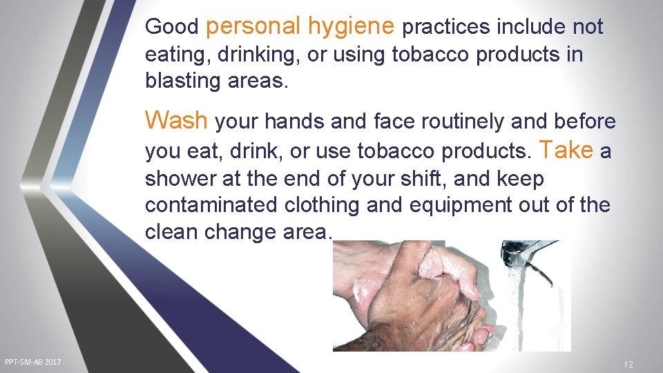 Good personal hygiene practices include not eating, drinking, or using tobacco products in blasting