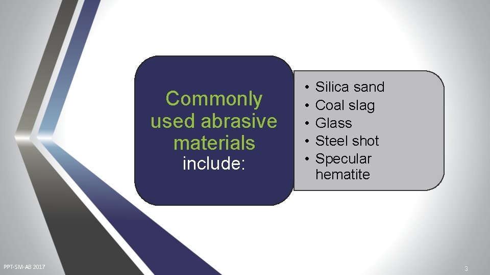 Commonly used abrasive materials include: PPT-SM-AB 2017 • • • Silica sand Coal slag