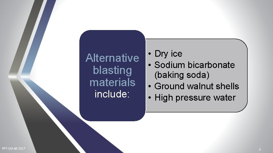 Alternative blasting materials include: PPT-SM-AB 2017 • Dry ice • Sodium bicarbonate (baking soda)