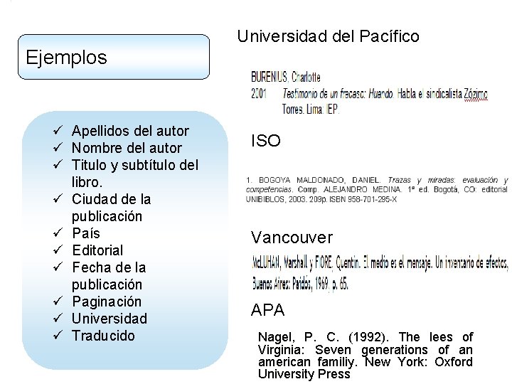 Universidad del Pacífico Ejemplos ü Apellidos del autor ü Nombre del autor ü Titulo