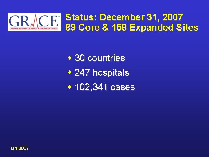 Status: December 31, 2007 89 Core & 158 Expanded Sites w 30 countries w