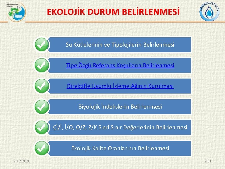 EKOLOJİK DURUM BELİRLENMESİ Su Kütlelerinin ve Tipolojilerin Belirlenmesi Tipe Özgü Referans Koşulların Belirlenmesi Direktifle