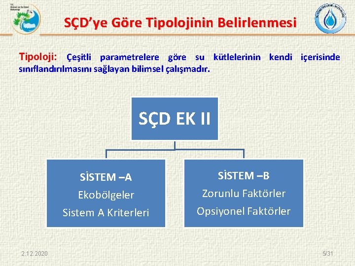 SÇD’ye Göre Tipolojinin Belirlenmesi Tipoloji: Çeşitli parametrelere göre su kütlelerinin kendi içerisinde sınıflandırılmasını sağlayan