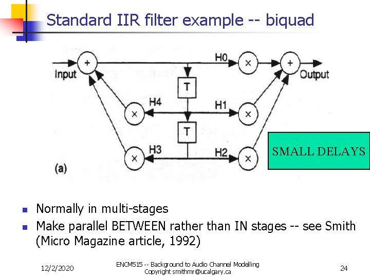 Standard IIR filter example -- biquad SMALL DELAYS n n Normally in multi-stages Make