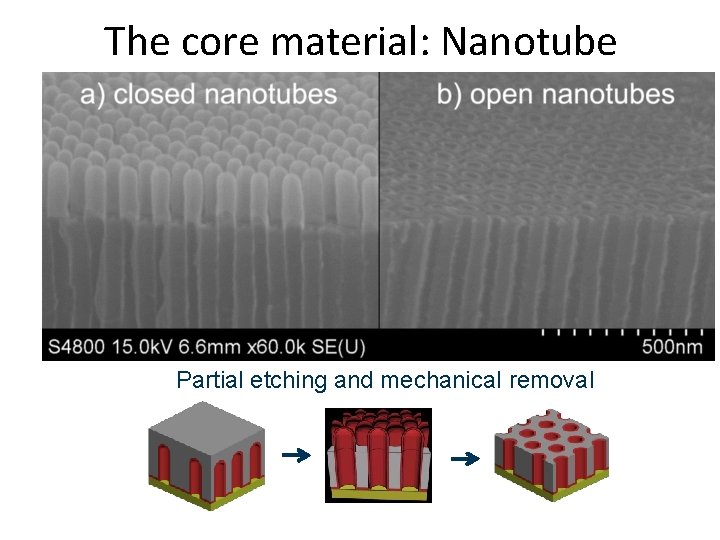 The core material: Nanotube opening Partial etching and mechanical removal 