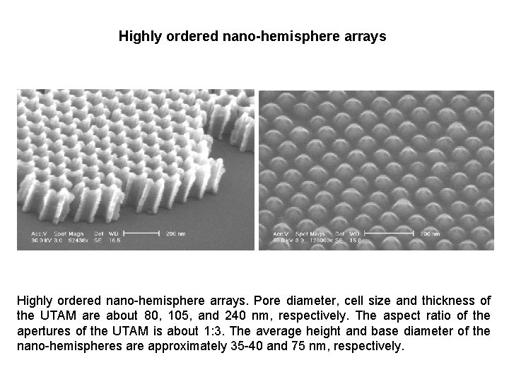 Highly ordered nano-hemisphere arrays. Pore diameter, cell size and thickness of the UTAM are