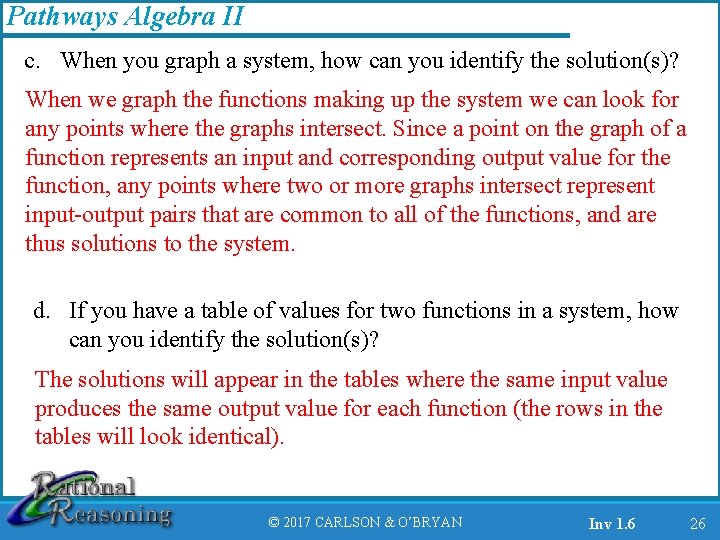 Pathways Algebra II c. When you graph a system, how can you identify the